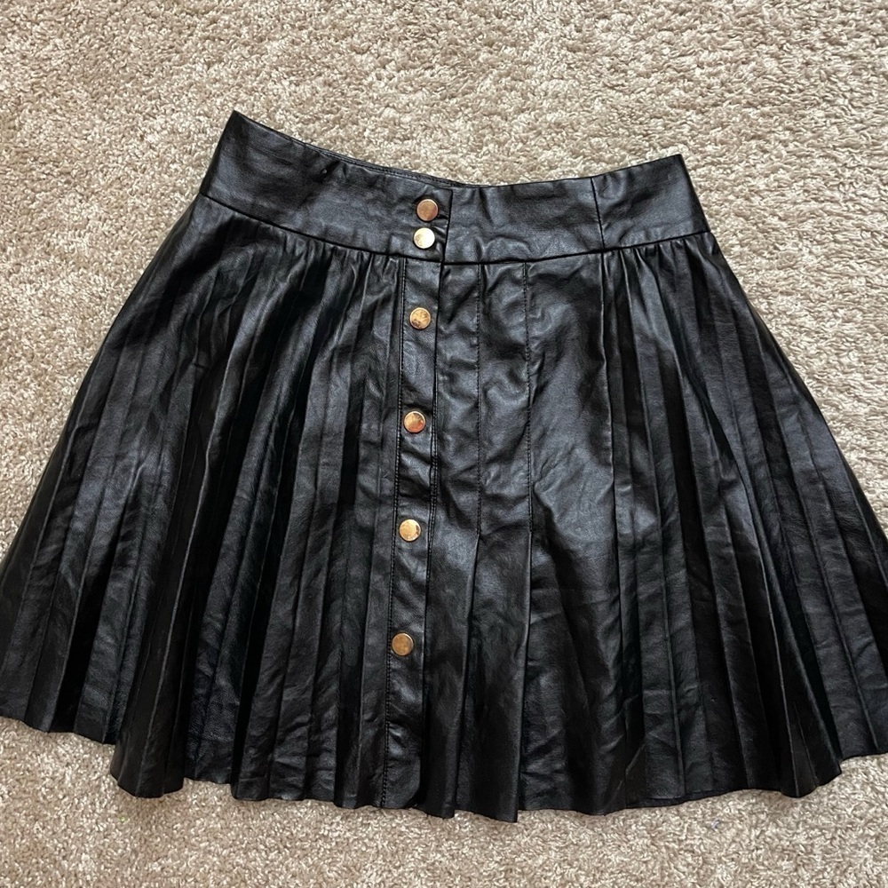 Faux Leather Black Pleated Button-Up Skirt Goth Whimsigoth Fall Academia Punk